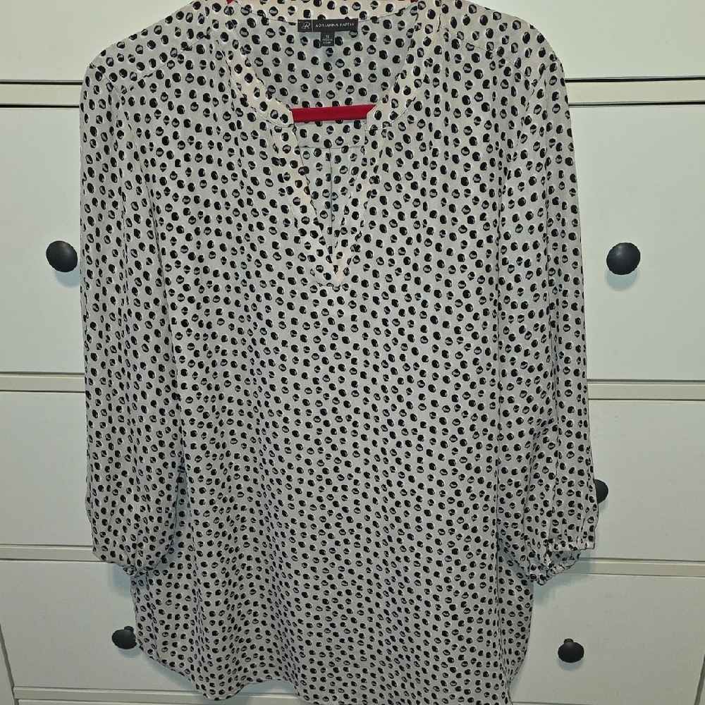 Adrianna Papell White Blouse with Black Dot Print